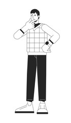 Contemplate pensive young man flat line black white vector character. Editable outline full body person. Casual guy thinking in full length simple cartoon isolated spot illustration for web design