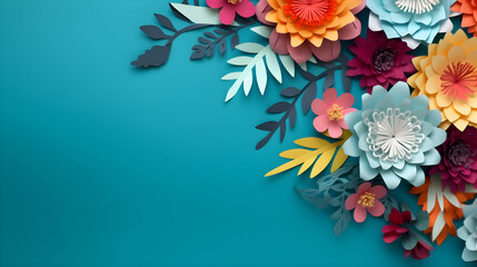 Fototapeta na wymiar Top view of colorful paper cut flowers with green leaves on blue background with copy space. Generative AI Image.