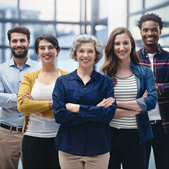 Team, leadership and portrait of woman with crossed arms in office for teamwork and collaboration. Happy, diversity and group of corporate employees standing with manager with confidence in workplace