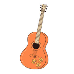 Obraz premium Hippie guitar with flowers ornament. Vintage retro musical instrument. Vector illustration isolated on white background.