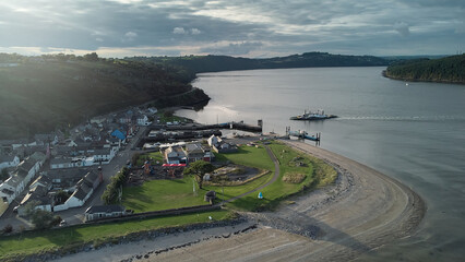 River Suir, Ireland - Aerial view of The Passage East Ferry across River Suir linking the villages of Passage East in Co. Waterford and Ballyhack in Co. Wexford