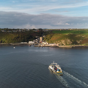 River Suir, Ireland - Aerial view of The Passage East Ferry across River Suir linking the villages of Passage East in Co. Waterford and Ballyhack in Co. Wexford