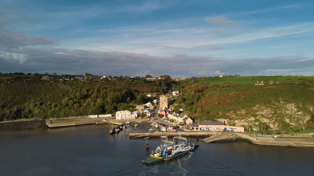 River Suir, Ireland - Aerial view of The Passage East Ferry across River Suir linking the villages of Passage East in Co. Waterford and Ballyhack in Co. Wexford