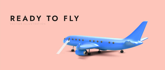 Ready to fly. Blue 3D plane with airstairs. Airplane is waiting for passengers. Advertising of flights, air services. Horizontal banner with realistic airplane model, place for text