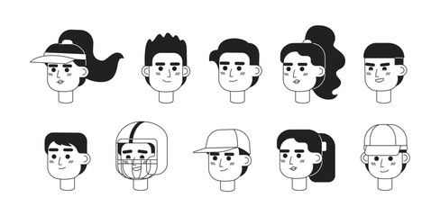 Sports players monochrome flat linear character heads bundle. Athletic women and men. Editable outline people icons. Line users faces. 2D cartoon spot vector avatar illustration pack for animation