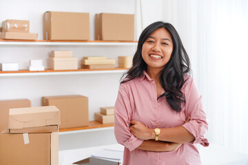 Successful young Asian lady, keep arms crossed on chest with confident smile. 