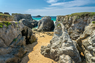 Fototapeta na wymiar Rocks on the West coast of Quiberon peninsula, Morbihan, Brittany, France