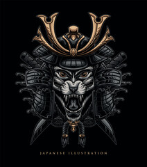 Fototapeta premium Vector of a tiger wearing a samurai helmet