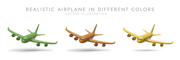 Set of realistic airplanes in different colors. Aviation at work. 3D objects in motion. Intercontinental transportation. Vector images for vivid illustration of advertising, design of web pages