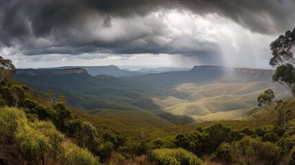 Rain clouds rolling into the Megalong Valley from Cahill's Lookout, Blue Mountains