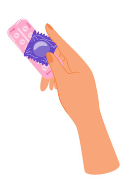 Hand holding different types of contraception. Condom and hormonal contraceptive pills for safe sex. Birth control methods concept. Flat cartoon vector illustration