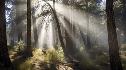Sunlight streaming through trees, San Bernardino National Forest, California, USA 