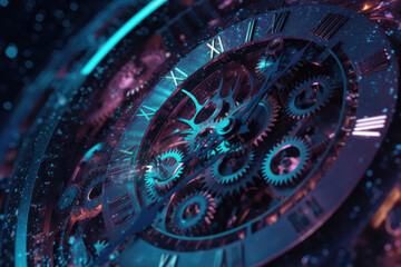 Clock and clock gears in space. Futuristic abstract background. Vibrant colors. Time and universe concept, generative AI
