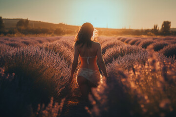 Beautiful sexy woman in lingerie standing in a lavender field during sunset, attractive silhouette during golden hour (generative ai) - obrazy, fototapety, plakaty