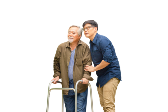 Senior asian father and middle aged son walk in the park, Caregiver is teaching old man to walk, Elderly senior man with son walking outdoor,