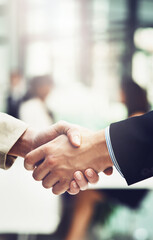 Partnership, welcome and team shaking hands in office after corporate meeting or interview. Collaboration, deal and closeup of business people with handshake for greeting or introduction in workplace © N Hiraman/peopleimages.com