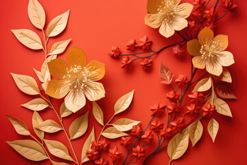 orange flower with chinese dragons attached to floral wire, in the style of delicate paper cutouts, traditional vietnamese, generative AI