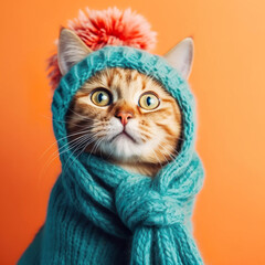 Cute Funny Cat in Blue Knitted Hat, Blue Scarf on Orange background. Breed Maine Coon Tabby Ginger.