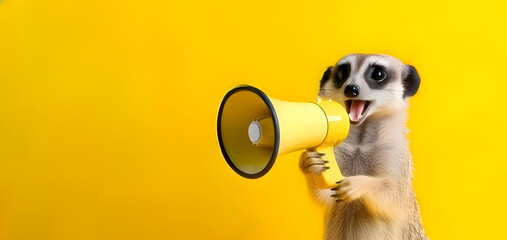 Meerkat announcing using hand speaker. Notifying, warning, announcement. AI generated