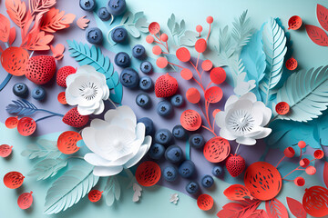 Summer illustration with flowers and blueberry in paper cut art style. Generative AI
