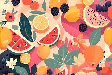Summer illustration with variety of fruits and berries in flat style design. Generative AI
