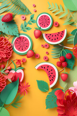 Bright illustration with summer fruits and berries in paper cut style on orange background. Generative AI