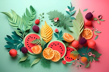 Bright summer illustration with fruits and berries in paper cut style. Generative AI