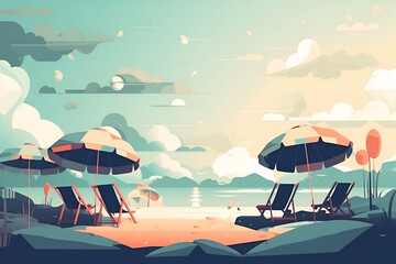 Illustration of a summer beach with chaise-longues and sun umbrellas in flat style. Generated AI