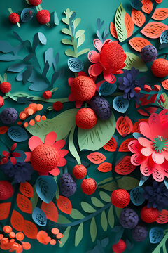 Summer colorful illustration with flowers and berries in paper cut art style. Generative AI