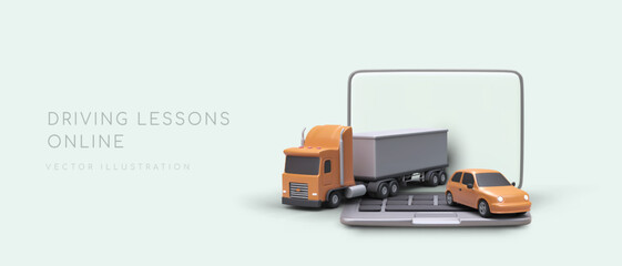 Remote training of drivers. Theory and preparation for practice. Driving licenses of various categories for cars and trucks. Advertising with 3D elements for social networks, web pages