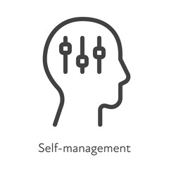 Outline style ui icons soft skill for business collection. Vector black linear illustration. Self-management. Human head profile with mind setting symbol on white. Design for corporate training