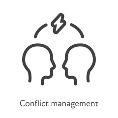 Outline style ui icons soft skill for business collection. Vector black linear illustration. Conflict management. Couple of human head with lightming conflict symbol. Design for corporate training