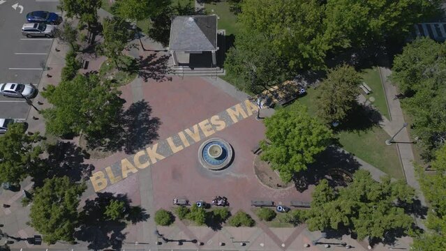 overhead view of central square flying back revealing city of Sebastopol, California