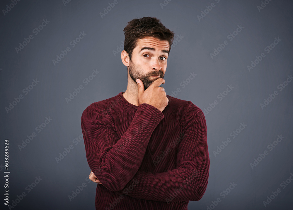 Poster doubt, thinking and portrait of man with unsure, uncertain and thoughtful on gray background. wonder