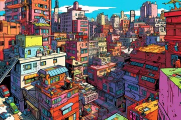 city in comic pop art style illustration, generative ai