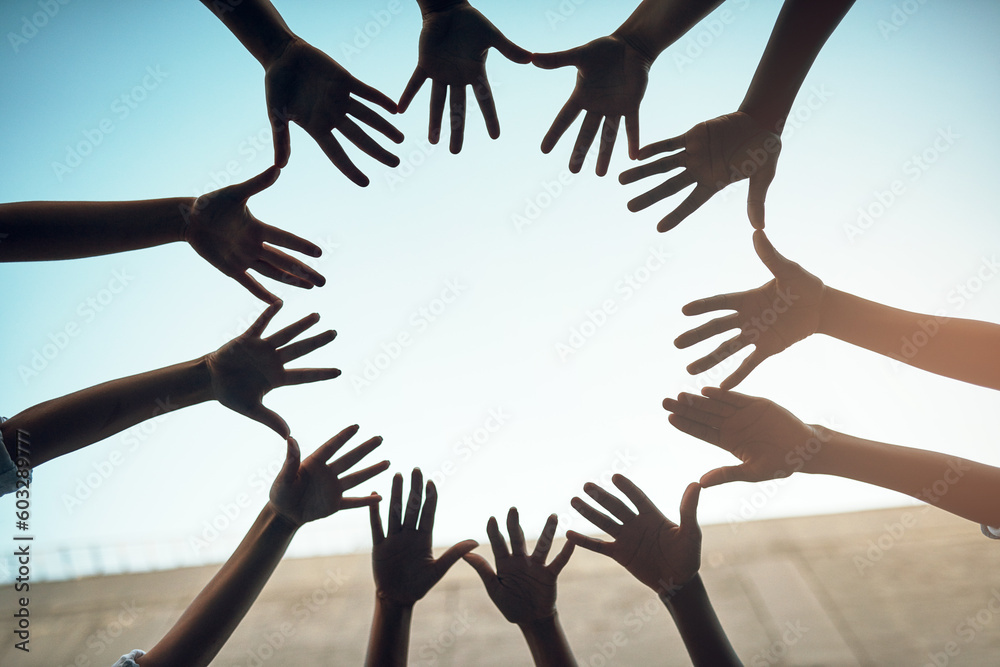Poster teamwork, circle and blue sky with hands of people for support, community and help with bottom view.