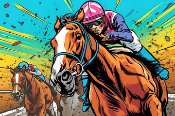 Horse racing in comic pop art style illustration, generative ai