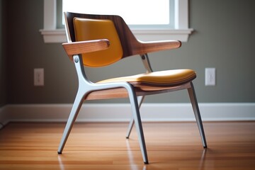 chair design that blends modern aesthetics with retro influences. The chair features a combination of materials, such as molded plastic, metal, and wood, creating an interesting contrast