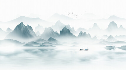 Chinese style ink and wash landscape painting scene illustration background