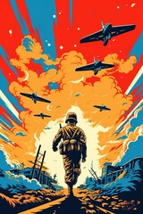 War zone in comic pop art style illustration, generative ai