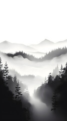 Ai generated, Ethereal Whisper: Subtle Monochrome Gradient, mountain view, misty and foggy, with trees