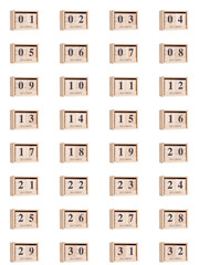 Wooden calendar, set of dates for the month of October 01-32, png on a transparent background, white, close-up