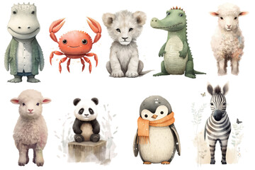 Watercolor set of Cute Baby crocodile, panda, lion, lamb, crab, penguin, sheep, zebra, alligator Safari Animals. Cartoon animal for decoration design