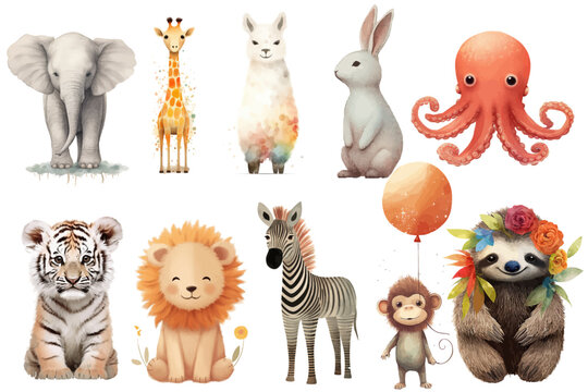 Watercolor set of Cute Baby elephant, zebra, octopus, tiger, monkey, lama, rabbit, sloth, lion, giraffe Safari Animals. Cartoon animal for decoration design. 