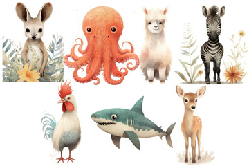 Watercolor set of Cute Baby deer, zebra, shark, rooster, octopus, kangaroo, lama, zebra Safari Animals. Cartoon animal for decoration design.