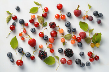 Naklejka na ściany i meble assorted berries over white background. Summer Pattern with berries. blueberry, raspberry, blackberry currant. Ai generated 