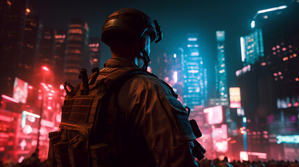 A soldier stands in front of a brightly lit cityscape at night, generative ai