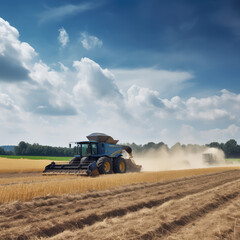 Obraz premium A large agricultural machinery harvester with yellow wheels drives across a field under a blue cloudy sky and harvesting wheat. AI generative