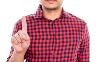 closeup man pointing up with his finger or pressing something isolated on white background with clipping path. copy space.