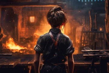 Obraz premium Blacksmith child fire work forge. Generate Ai